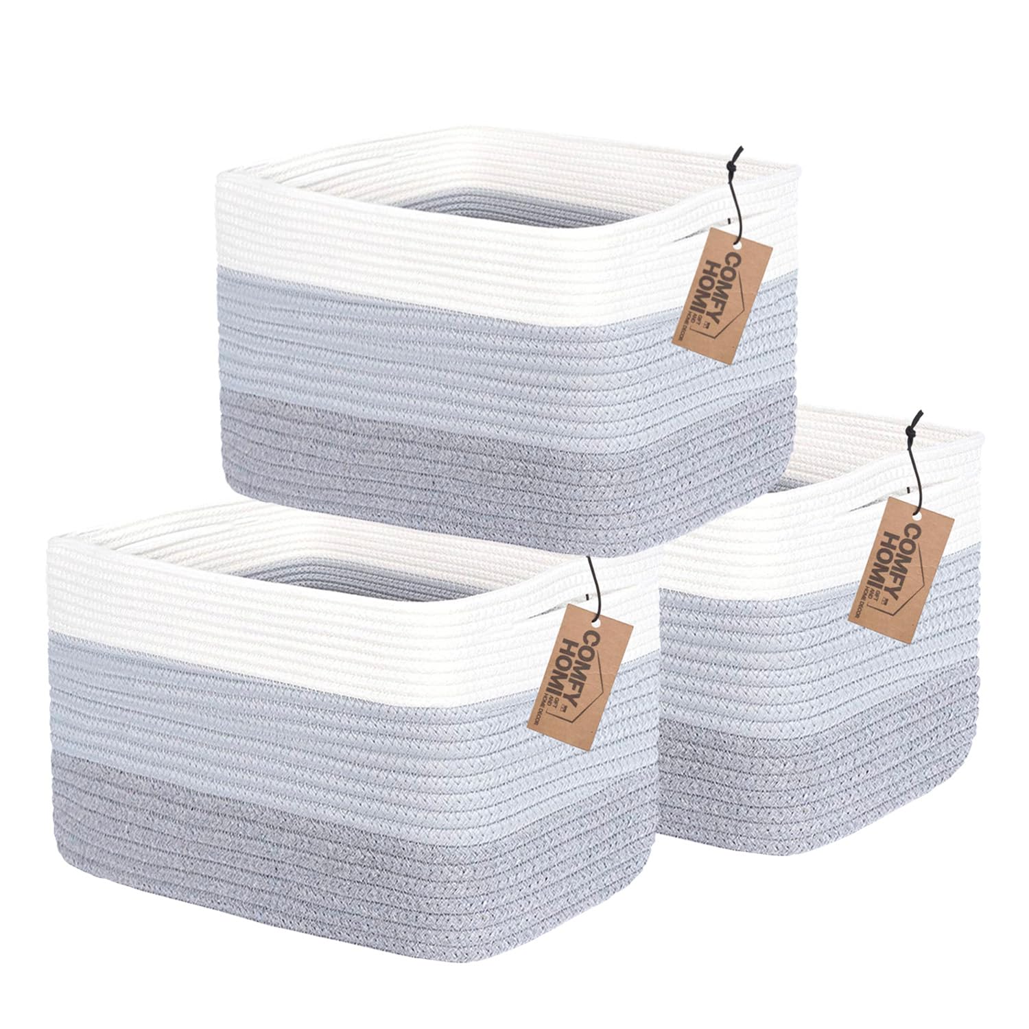 Comfy-Homi 3Pack Cotton Rope Woven Basket With Handles For Shelves, Toy, Book, Cloth Storage Basket For Organizing|13.5' X 11' X 9.5' Decorative Nursery Cube Bin For Living Room(White / 3-Tone Grey)